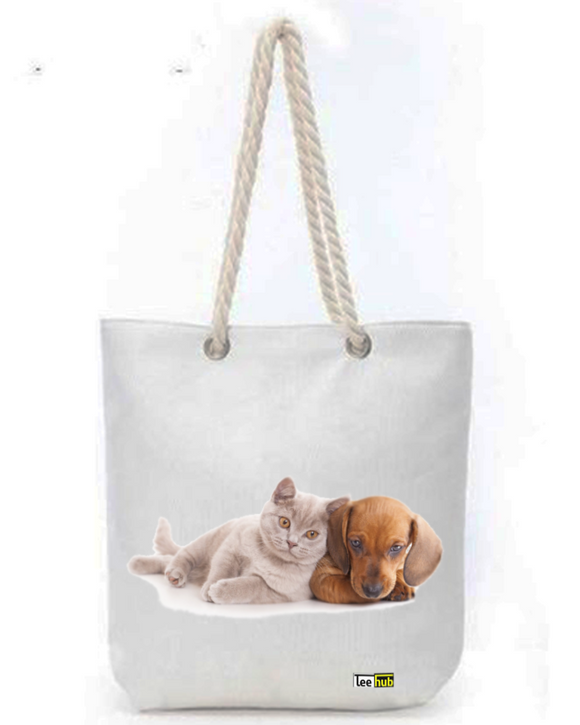 Cats & Dogs Design-Canvas Tote-with-Zipper-Thick-Rope-Sling-bag-Graphic 13