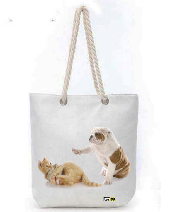 Cats & Dogs Design-Canvas Tote-with-Zipper-Thick-Rope-Sling-bag-Graphic 18