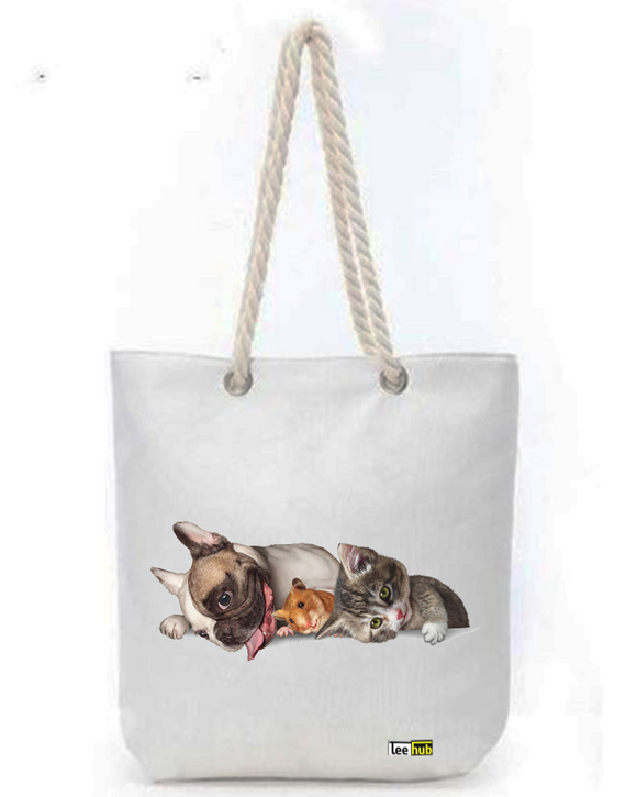 Cats & Dogs Design-Canvas Tote-with-Zipper-Thick-Rope-Sling-bag- Graphic 1